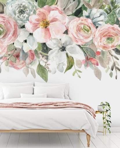 pastell rosa og grå malte blomster tapet