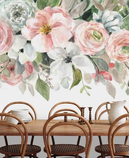 carta da parati con fiori dipinti rosa pastello e grigi