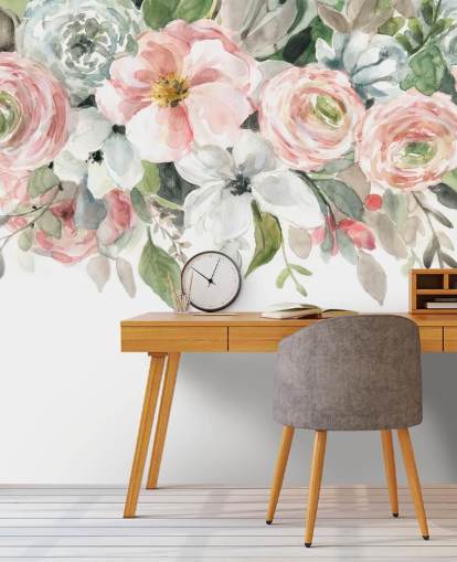 pastell rosa og grå malte blomster tapet