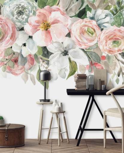 papier peint fleurs peintes rose pastel et gris