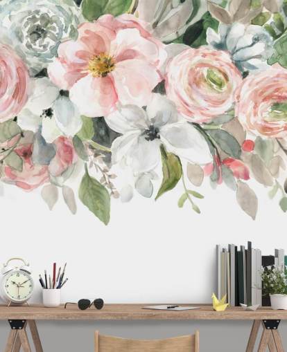 pastell rosa og grå malte blomster tapet