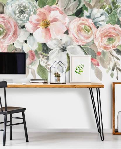 papier peint fleurs peintes rose pastel et gris