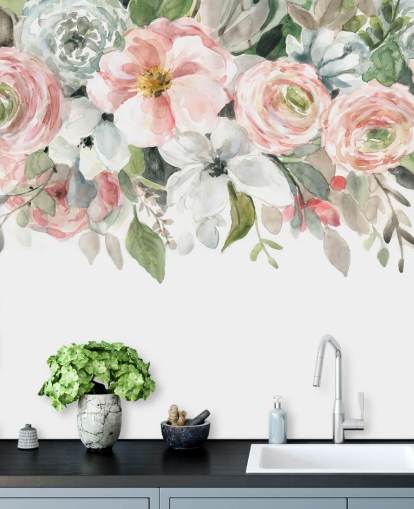 papel pintado flores pintadas rosa y gris pastel