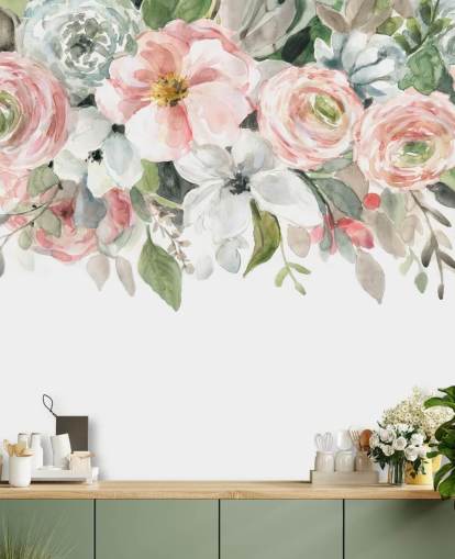 pastelroze en grijs geschilderde bloemen behang