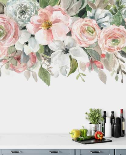 papier peint fleurs peintes rose pastel et gris