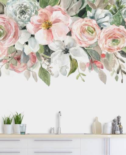 papel pintado flores pintadas rosa y gris pastel