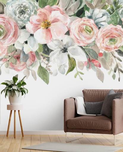 pastelroze en grijs geschilderde bloemen behang