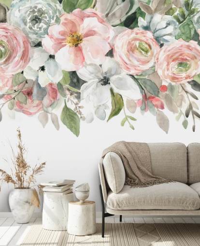 papel pintado flores pintadas rosa y gris pastel