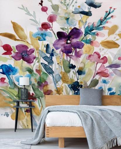 färgglad blommig akvarell tapetväggmålning kallad Garden Jewels av Carol Robinson för lounger och vinterträdgårdar