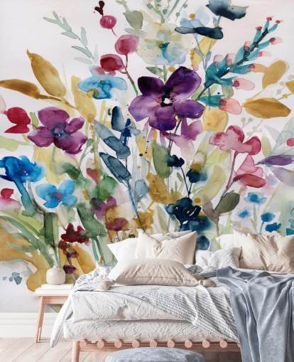 colourful floral watercolour wallpaper mural called Garden Jewels by Carol Robinson for lounges and conservatories