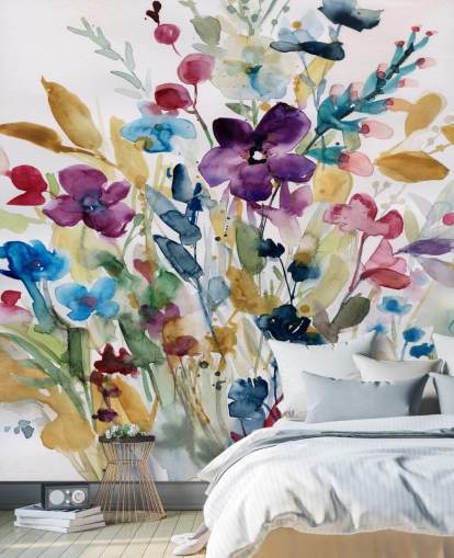 fargerikt blomsterakvarelltapet veggmaleri kalt Garden Jewels av Carol Robinson for salonger og vinterhager