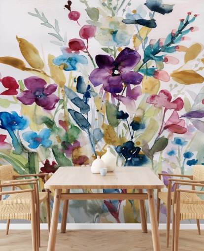 fargerikt blomsterakvarelltapet veggmaleri kalt Garden Jewels av Carol Robinson for salonger og vinterhager