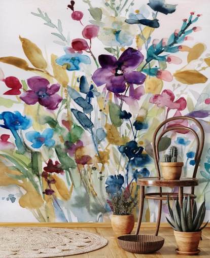 färgglad blommig akvarell tapetväggmålning kallad Garden Jewels av Carol Robinson för lounger och vinterträdgårdar färgglad blommig akvarell tapetväggmålning kallad Garden Jewels av Carol Robinson för lounger och vinterträdgårdar
