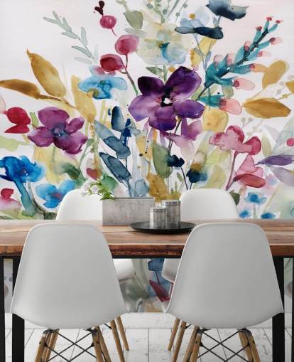 kleurrijke aquarelbehangmuurschildering met bloemen genaamd Garden Jewels van Carol Robinson voor lounges en serres