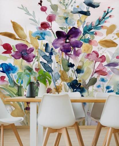 colorful floral watercolor wallpaper mural called Garden Jewels by Carol Robinson for lounges and conservatories