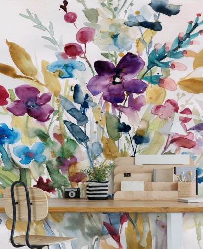 kleurrijke aquarelbehangmuurschildering met bloemen genaamd Garden Jewels van Carol Robinson voor lounges en serres kleurrijke aquarelbehangmuurschildering met bloemen genaamd Garden Jewels van Carol Robinson voor lounges en serres