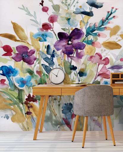 mural colorido de papel de parede floral em aquarela chamado Garden Jewels de Carol Robinson para salões e conservatórios