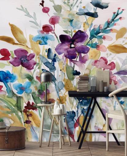 fargerikt blomsterakvarelltapet veggmaleri kalt Garden Jewels av Carol Robinson for salonger og vinterhager fargerikt blomsterakvarelltapet veggmaleri kalt Garden Jewels av Carol Robinson for salonger og vinterhager