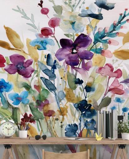 mural colorido de papel de parede floral em aquarela chamado Garden Jewels de Carol Robinson para salões e conservatórios mural colorido de papel de parede floral em aquarela chamado Garden Jewels de Carol Robinson para salões e conservatórios