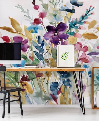 colorido mural floral en acuarela llamado Garden Jewels de Carol Robinson para salones e invernaderos