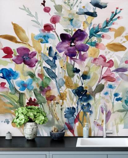 colorido mural floral en acuarela llamado Garden Jewels de Carol Robinson para salones e invernaderos