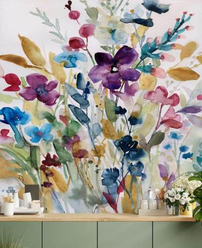 colourful floral watercolour wallpaper mural called Garden Jewels by Carol Robinson for lounges and conservatories