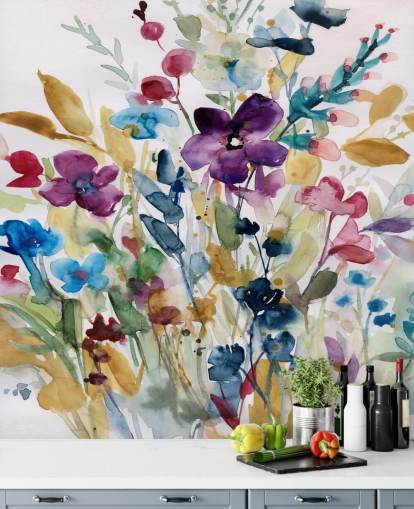 papier peint aquarelle floral coloré appelé Garden Jewels de Carol Robinson pour les salons et les conservatoires