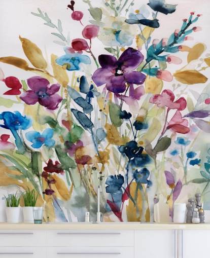 fargerikt blomsterakvarelltapet veggmaleri kalt Garden Jewels av Carol Robinson for salonger og vinterhager