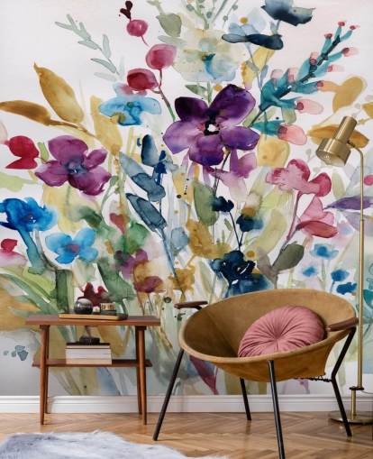 colorful floral watercolor wallpaper mural called Garden Jewels by Carol Robinson for lounges and conservatories