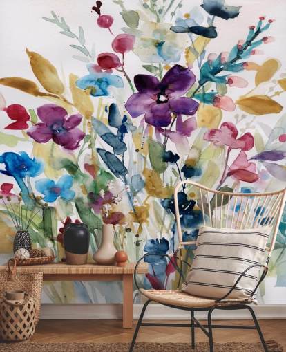 fargerikt blomsterakvarelltapet veggmaleri kalt Garden Jewels av Carol Robinson for salonger og vinterhager fargerikt blomsterakvarelltapet veggmaleri kalt Garden Jewels av Carol Robinson for salonger og vinterhager