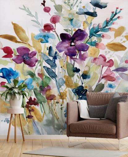 colorful floral watercolor wallpaper mural called Garden Jewels by Carol Robinson for lounges and conservatories