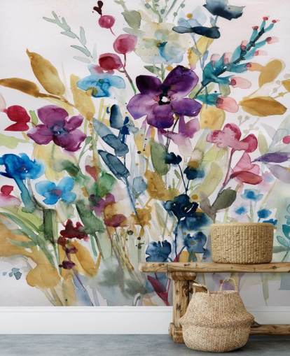 färgglad blommig akvarell tapetväggmålning kallad Garden Jewels av Carol Robinson för lounger och vinterträdgårdar