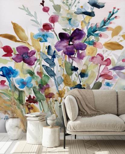 farverigt blomsterakvarel tapetmaleri kaldet Garden Jewels af Carol Robinson til lounger og udestuer