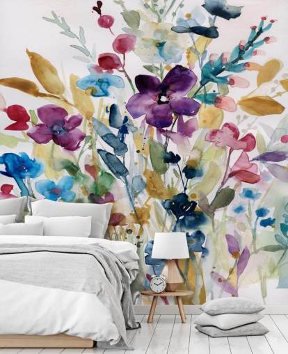 färgglad blommig akvarell tapetväggmålning kallad Garden Jewels av Carol Robinson för lounger och vinterträdgårdar färgglad blommig akvarell tapetväggmålning kallad Garden Jewels av Carol Robinson för lounger och vinterträdgårdar