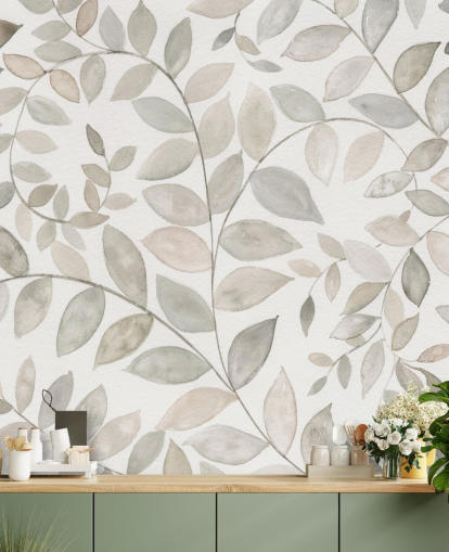 papier peint feuilles gris pâle