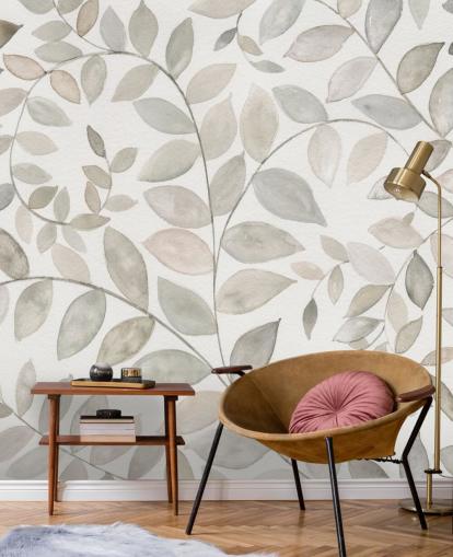 papier peint feuilles gris pâle