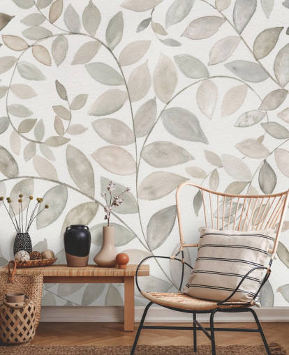 papier peint feuilles gris pâle