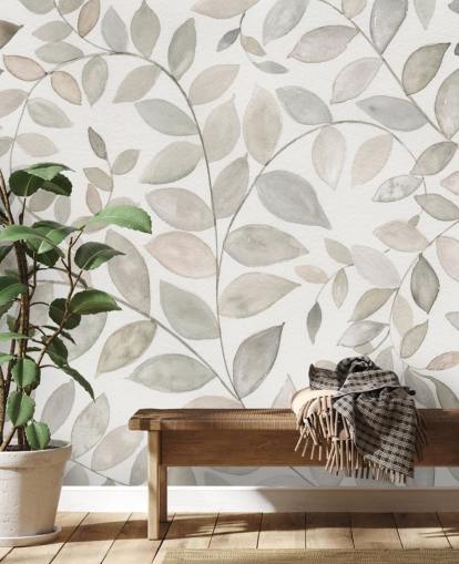 papier peint feuilles gris pâle