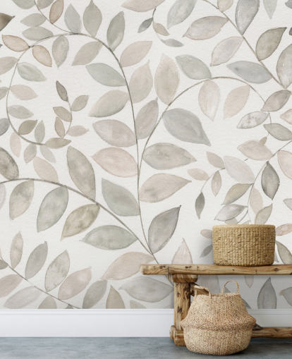 papier peint feuilles gris pâle