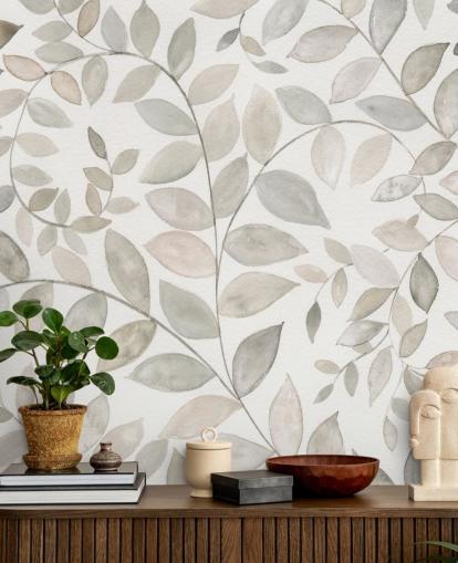 papier peint feuilles gris pâle