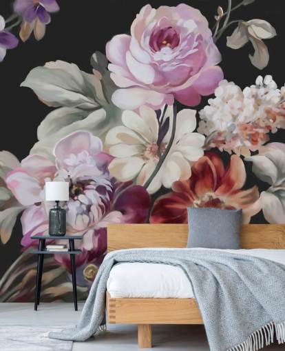 pink rose and dark floral wallpaper