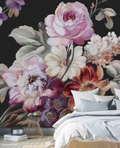 pink rose and dark floral wallpaper