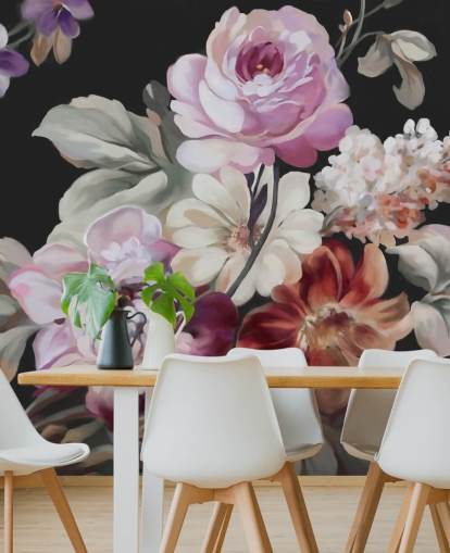 pink rose and dark floral wallpaper