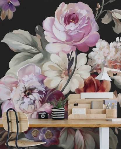 pink rose and dark floral wallpaper