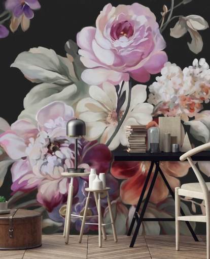 papel pintado rosa y floral oscuro