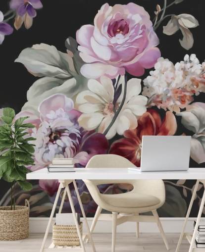 pink rose and dark floral wallpaper