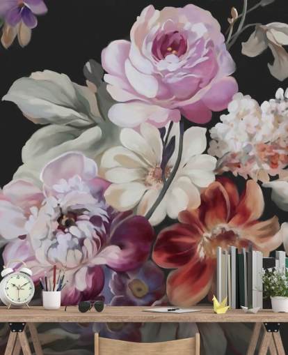 pink rose and dark floral wallpaper