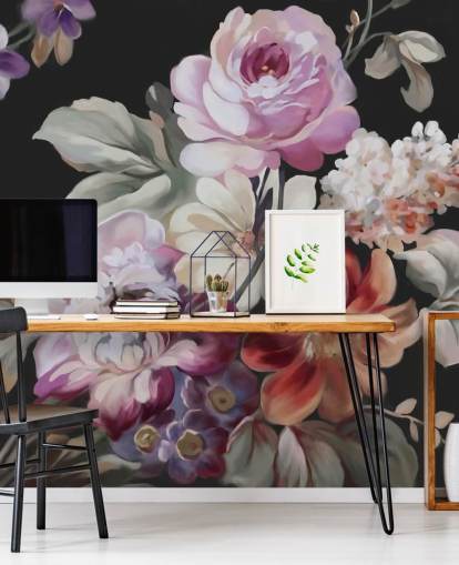 pink rose and dark floral wallpaper