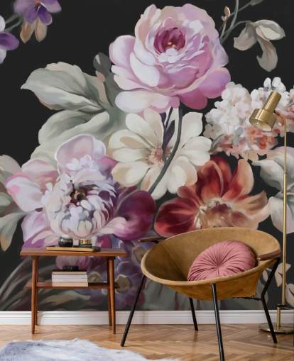 pink rose and dark floral wallpaper