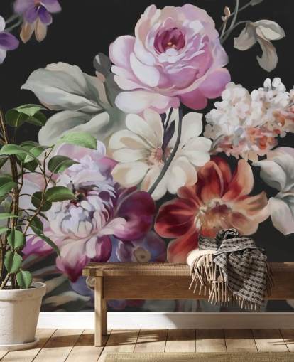 rosa rose og mørk floral tapet